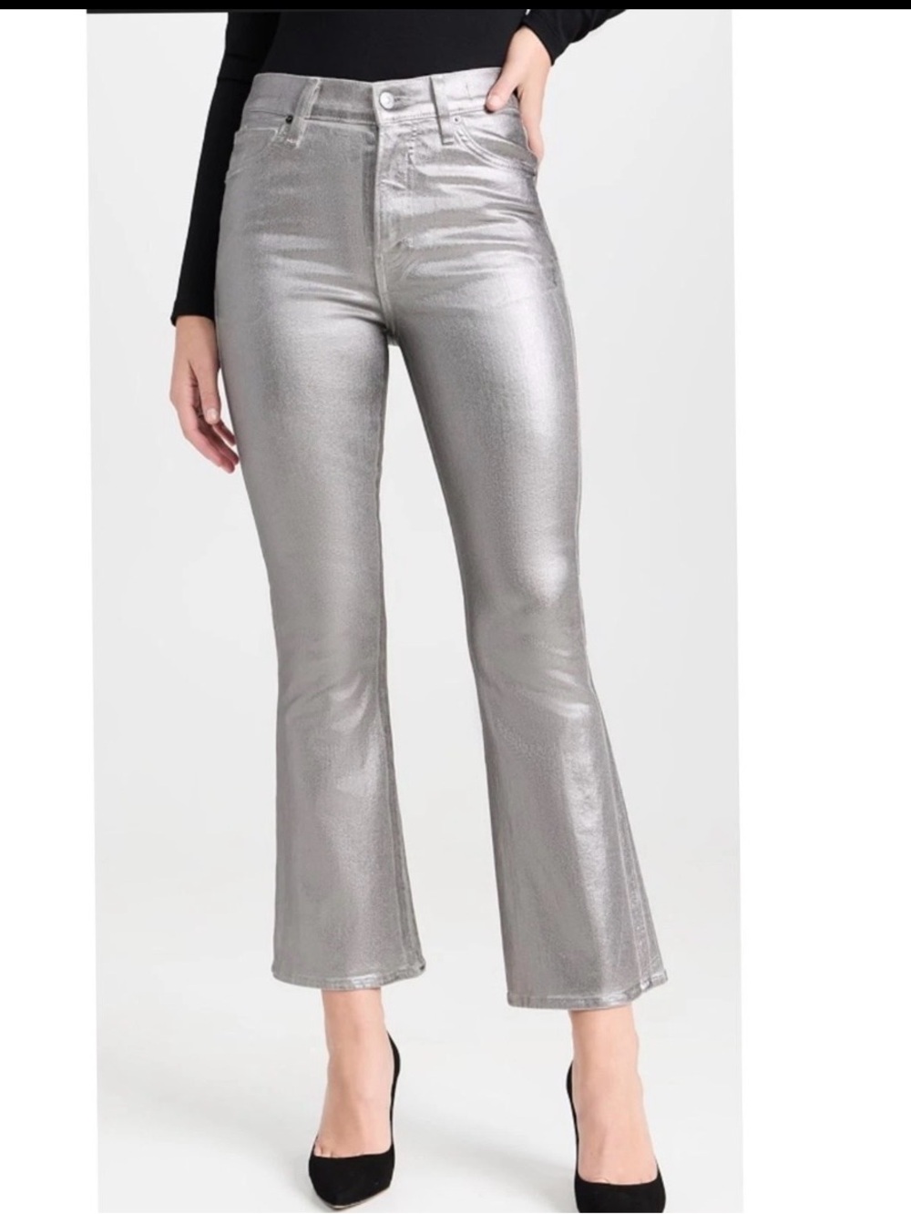 Veronica Beard Carson Ankle Flare Coated silver high rise jeans